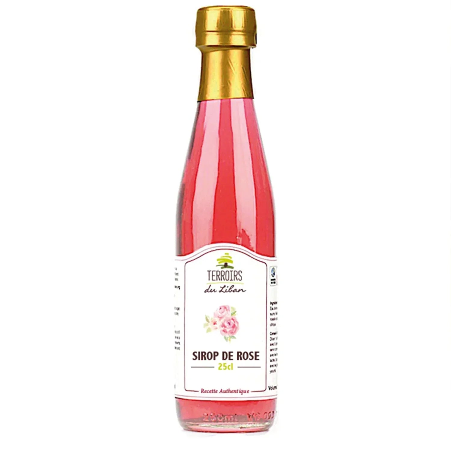 "Eine Flasche Rosen Sirup, 25cl, mit goldenem Verschluss.\t"